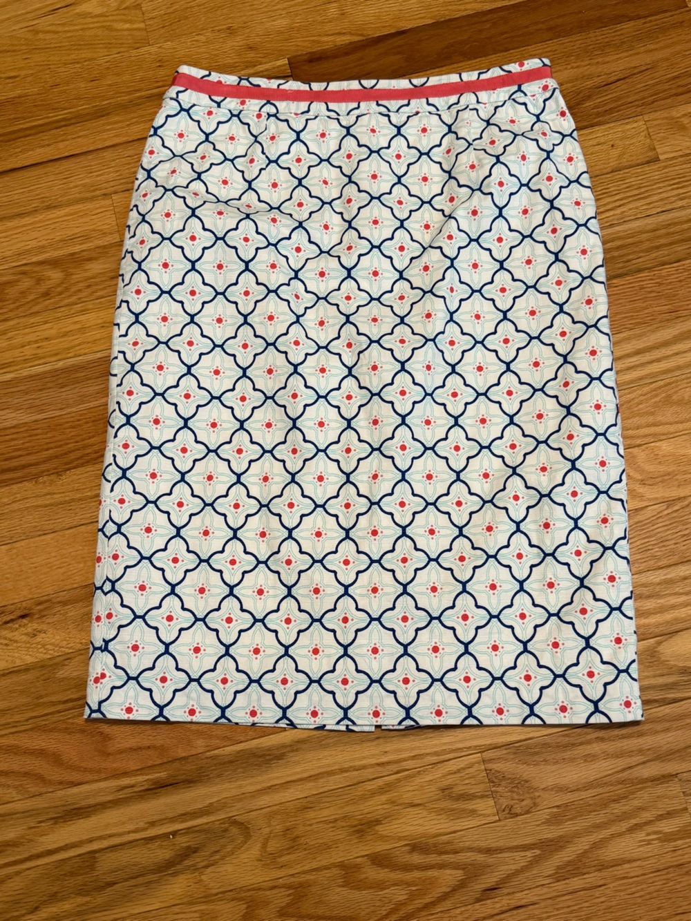 Boden White Blue and Coral Patterned Pencil Skirt